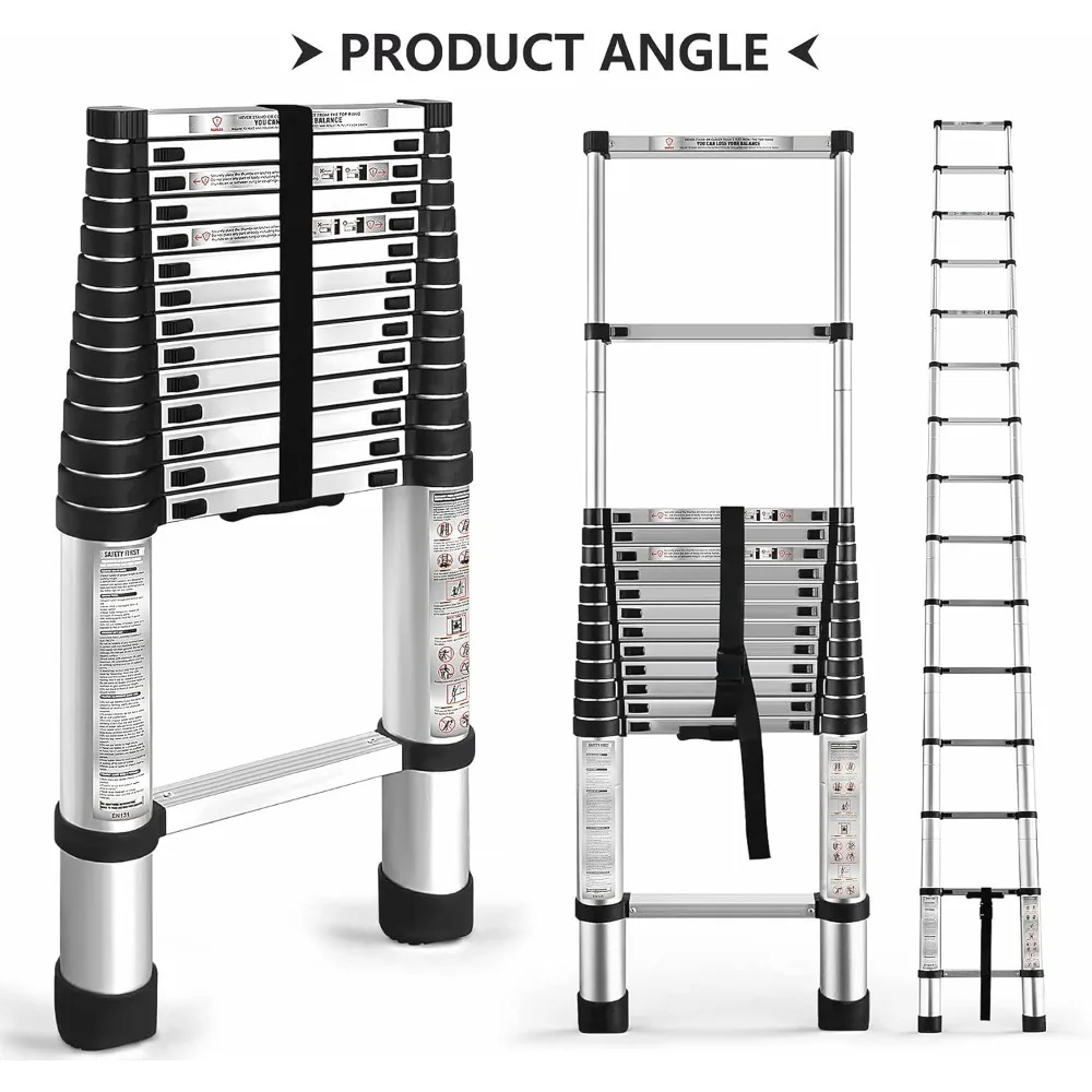 Escalera telescópica de aluminio de 14,5 pies-4,4 M, escalera de extensión plegable portátil retráctil de un botón para uso en interiores y exteriores