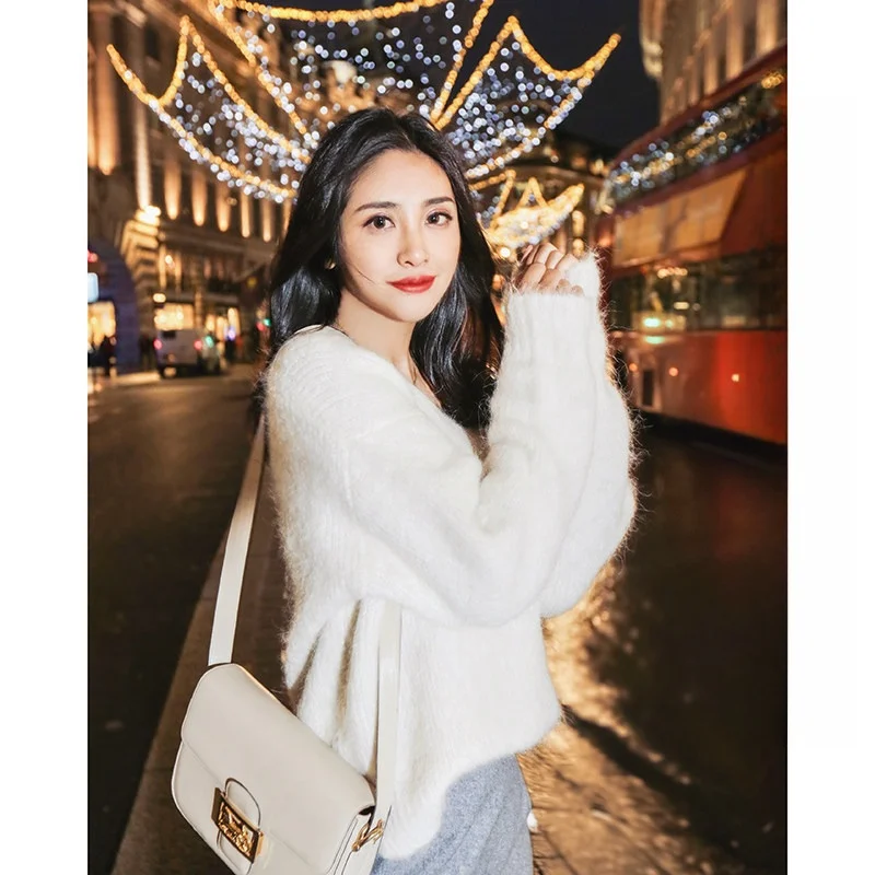 

Elwing Original Loose Knitted Alpaca Wool Sweater Large V-Ne Pullover Spring Women's Faion Commute Sle Thi Long Sve