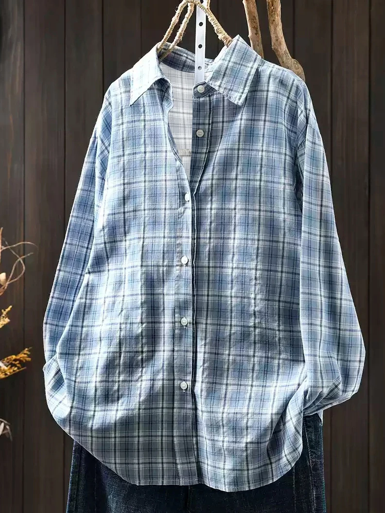 

Women's plus size fashionable checkered long sleeved shirt, no ironing, loose casual top