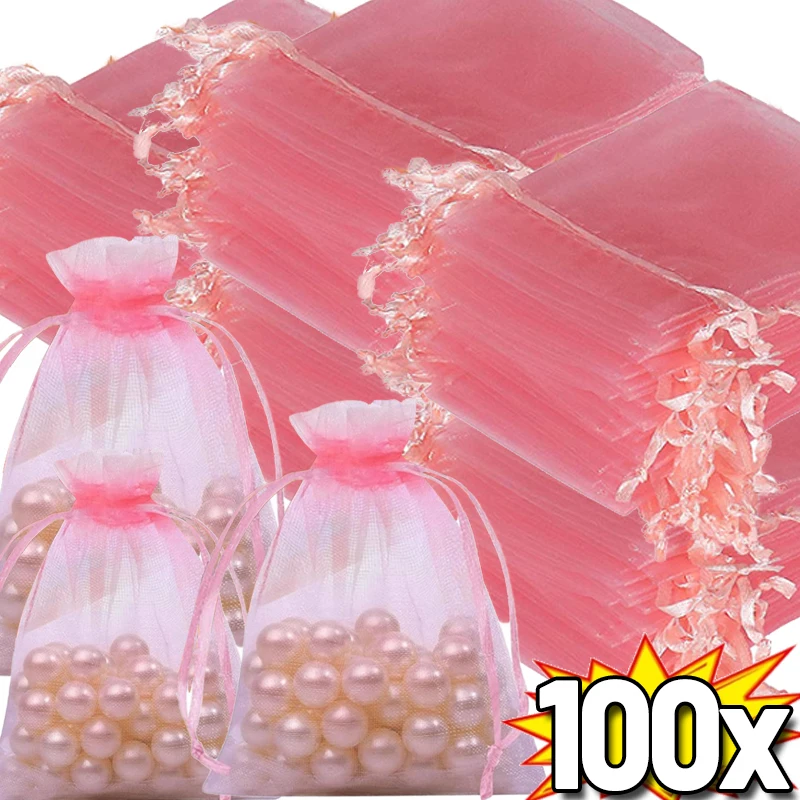 10/50/100pcs Pink Organza Bag Jewelry Gift Party Favor Bags with Drawstring for Wedding Christmas Jewelry Storage Packaging Bags