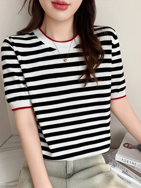 Ultrafine Cotton 100% Skin-friendly round Neck Striped Short Sleeve Knitted T-shirt Women's Top Casual Loose Fit Breathable