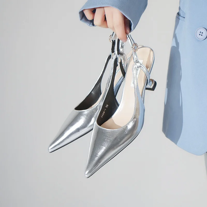 Patent Leather Pointed New Metal Empty Sandals Thin Heel Professional Commuter Word Belt Women's High Shoes