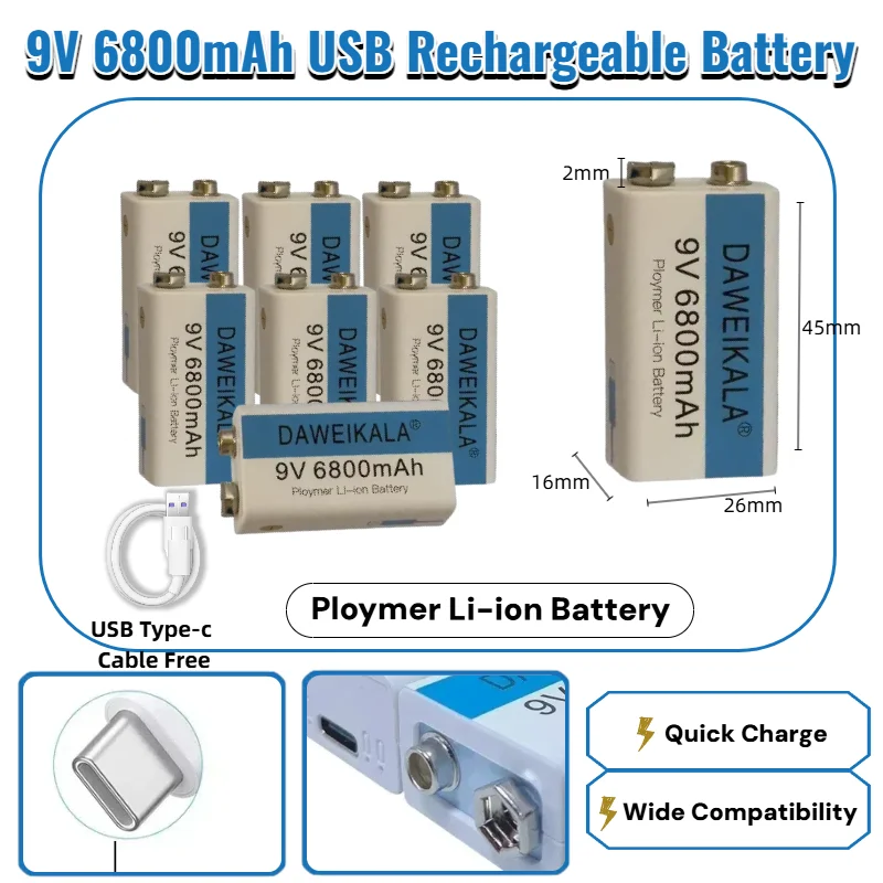 

Hot 9V 6800mAh li-ion Rechargeable battery Micro USB Batteries 9v lithium for Multimeter Microphone Toy Remote Control KTV use