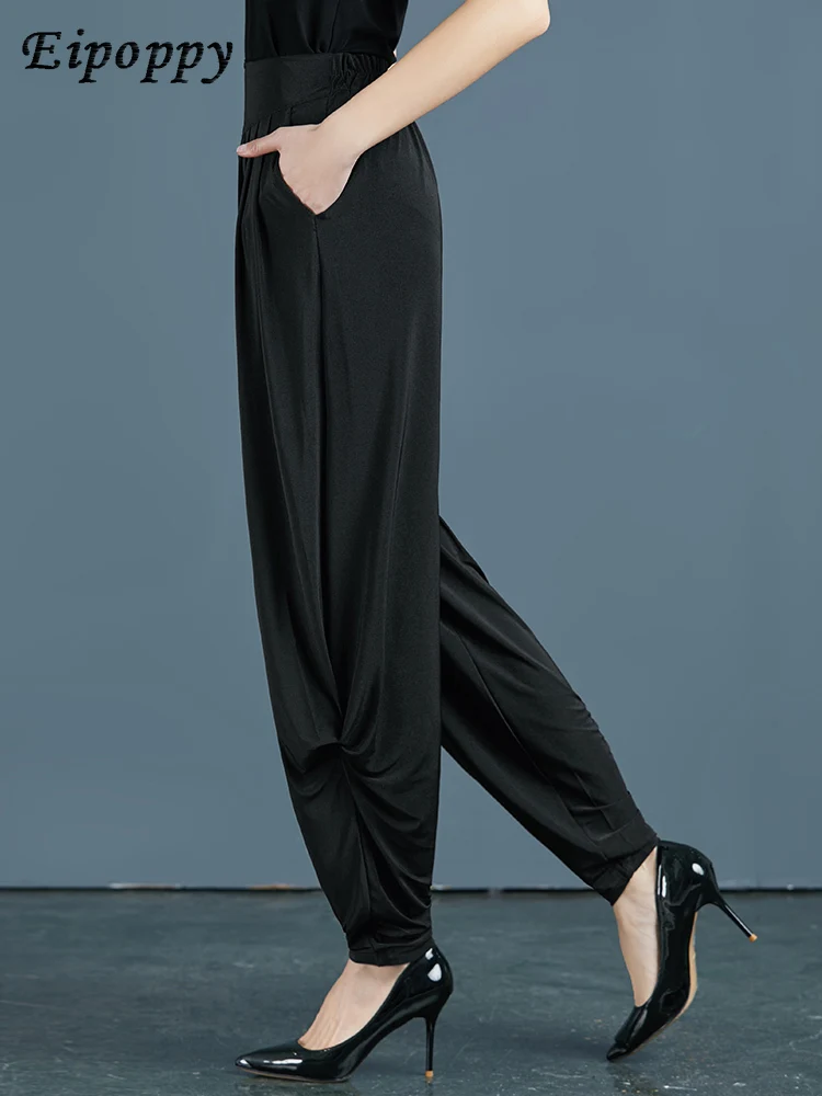 بنطال نسائي فضفاض بخصر مرن ، بنطلون مضاد للتجاعيد ، فضفاض ، تنحيف ، أحادي اللون ، بنطلون حريم ، الصيف