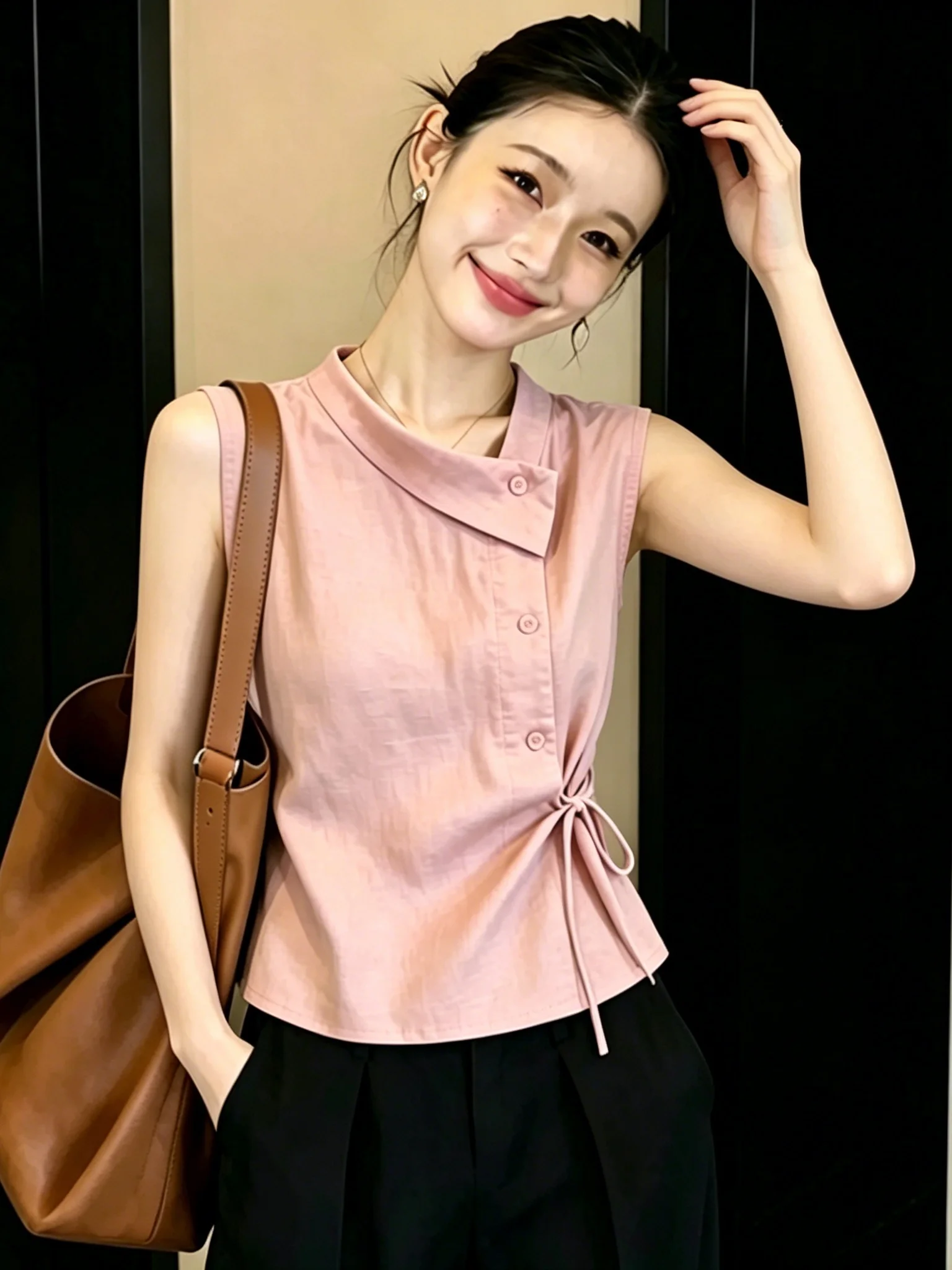 Elegant Asymmetric Collar Sleeveless Vest Shirt Women Summer Design Waist-Cinching Belt Beautiful Top French Style Blouse 5
