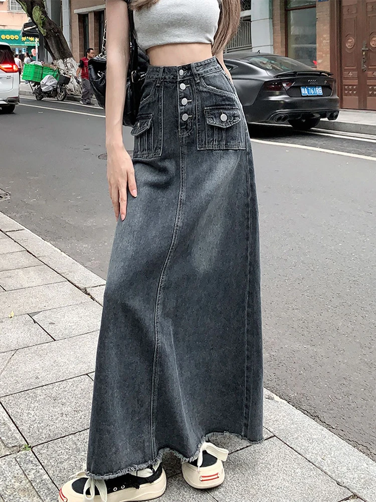 Retro Gray Maxi Long Denim Skirt Women Y2k Tassel Buttoned Bleached Blue Jeans Skirt Oversize Vintage High Waist Acubi Fashion