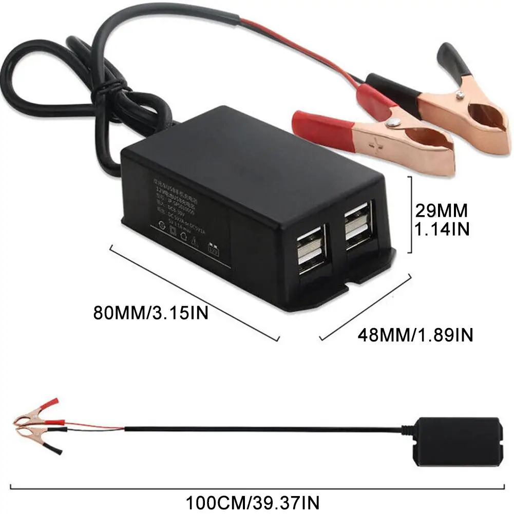 12V DC Power Adapter with Battery Clip Motorcycle Vehicle USB Hub Phone Charger 4 Ports USB 5V 3A DC8-30V Charging