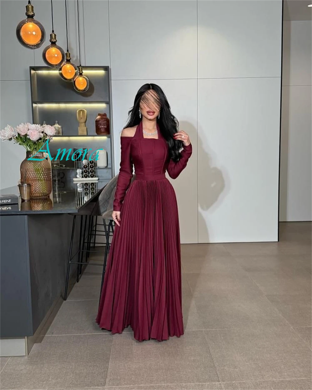 Современное атласное вечернее платье трапециевидной формы по индивидуальному заказу, классические платья для выпускного вечера с лямкой на шее, темпераментные платья с длинными рукавами для особых случаев