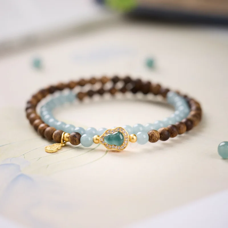 High Grade Natural Wild Aquilarum Bracelet Single Circle Double Circle Jade Blue Water Gourd Advanced Sense Jade Ins Hand String
