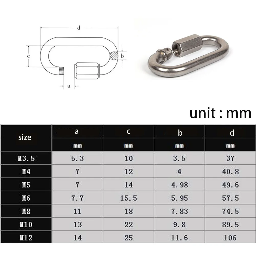 Quick Links Carabiner Screw Lock M3.5 M4 M5 M6 M8 M10 A2 304 Stainless Steel Snap Hook Climbing Gear Carabiner Chain Buckle