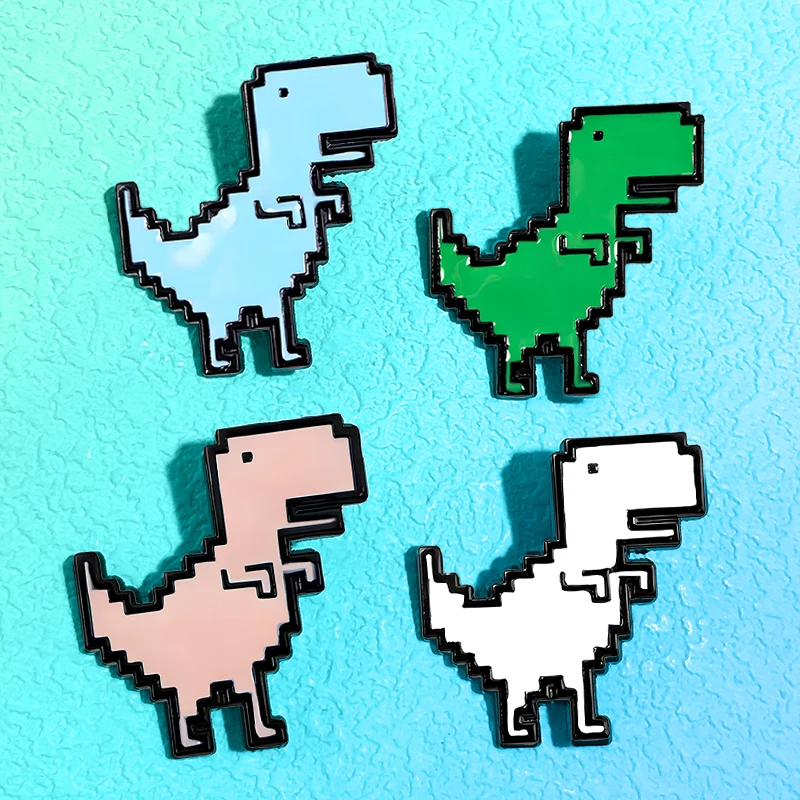 Cartoon Pixel Art Dinosaur Pins 4-color Enamel Metal Cute Animal Pin For Denim Jacket Backpack Lapel Badge Brooch Friends Gifts