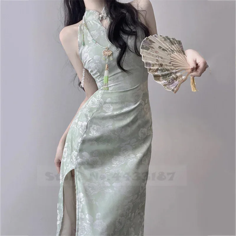 

Cheongsam Hanfu в китайском стиле, женское длинное Ципао без рукавов, сексуальное жаккардовое улучшенное китайское платье, элегантное платье, винтажный костюм