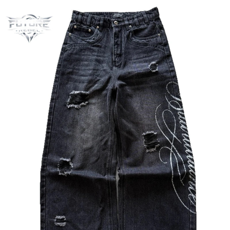 Y2K Harajuku Distressed Ripped Printed Denim Jeans Unisex Baggy Loose Straight Streetwear Casual Vintage Wash Fashion Trousers