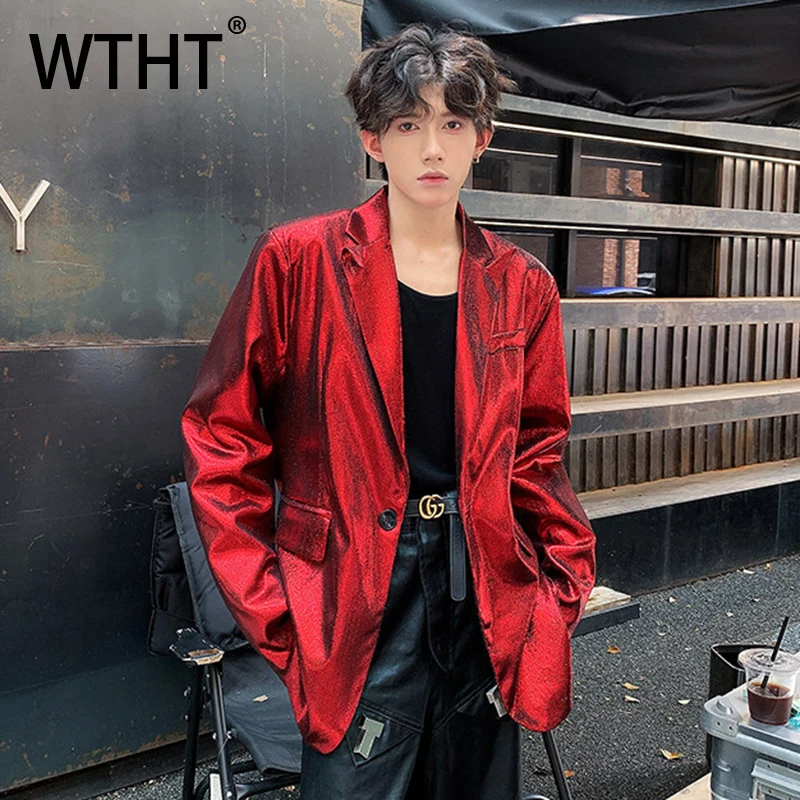 

Мужские однотонные пиджаки WTHT Fashion с эффектом жидкого металла, модные летние куртки 2026 года в уличном стиле, свободные куртки с отложным воротником для мужчин 2A2870
