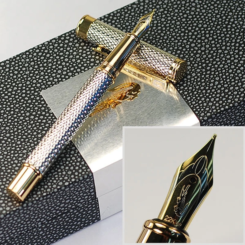 

Crocodile 218 Fully Metal High Grade Fountain Pen, Beautiful Ripples Pettern Silver & Golden Color Gift Pen For Office & Home