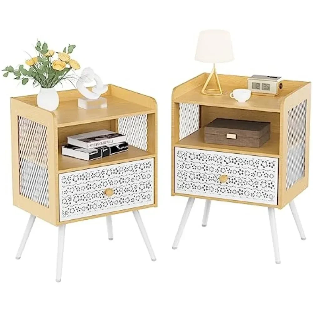 Nightstands com gaveta floral de metal ajustável, 2 camadas, mesa para quarto, mesa para quarto, Night Stand, conjunto de 2