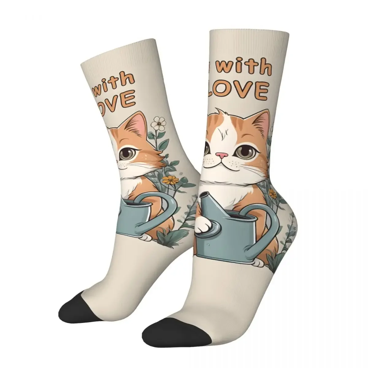 Grow With Love Cute Cat Men's Socks Vintage Harajuku Halloween Cat Street Style Novelty Pattern Crew Sock