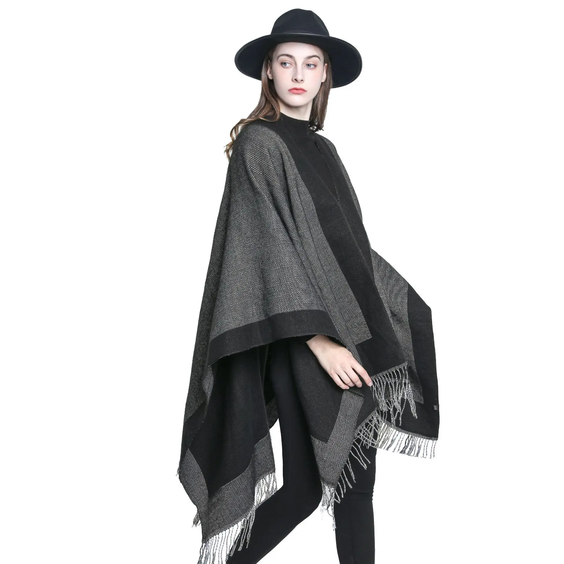 Women Cashmere Feel Shawl Lady Classic Black Cape Spring Autumn Vintage Cardigan Winter Tassels Cloak Two-sided Large Blanket