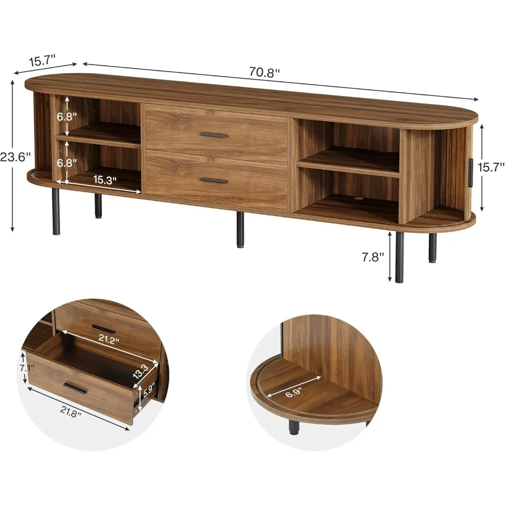 "Suporte de TV moderno de meados do século de 70 polegadas para TVs de 75 polegadas, centro de entretenimento canelado com portas deslizantes, gavetas e sh ajustável