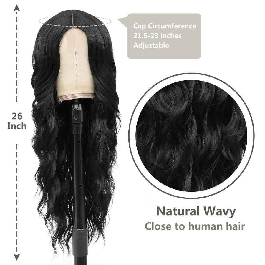 باروكات طويلة سوداء مموجة للنساء الجزء الأوسط شعر مستعار أسود مموج بدانتيل أمامي شعر صناعي ذو مظهر طبيعي شعر مستعار أسود طويل للاستخدام اليومي