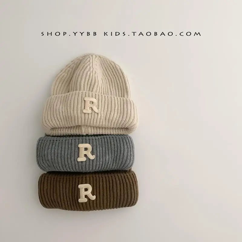 Boys Girls Knitted Hat Autumn And Winter New Solid Color Versatile Letter Print Fashion Cap Child\'s Casual Warm Thickened Hat