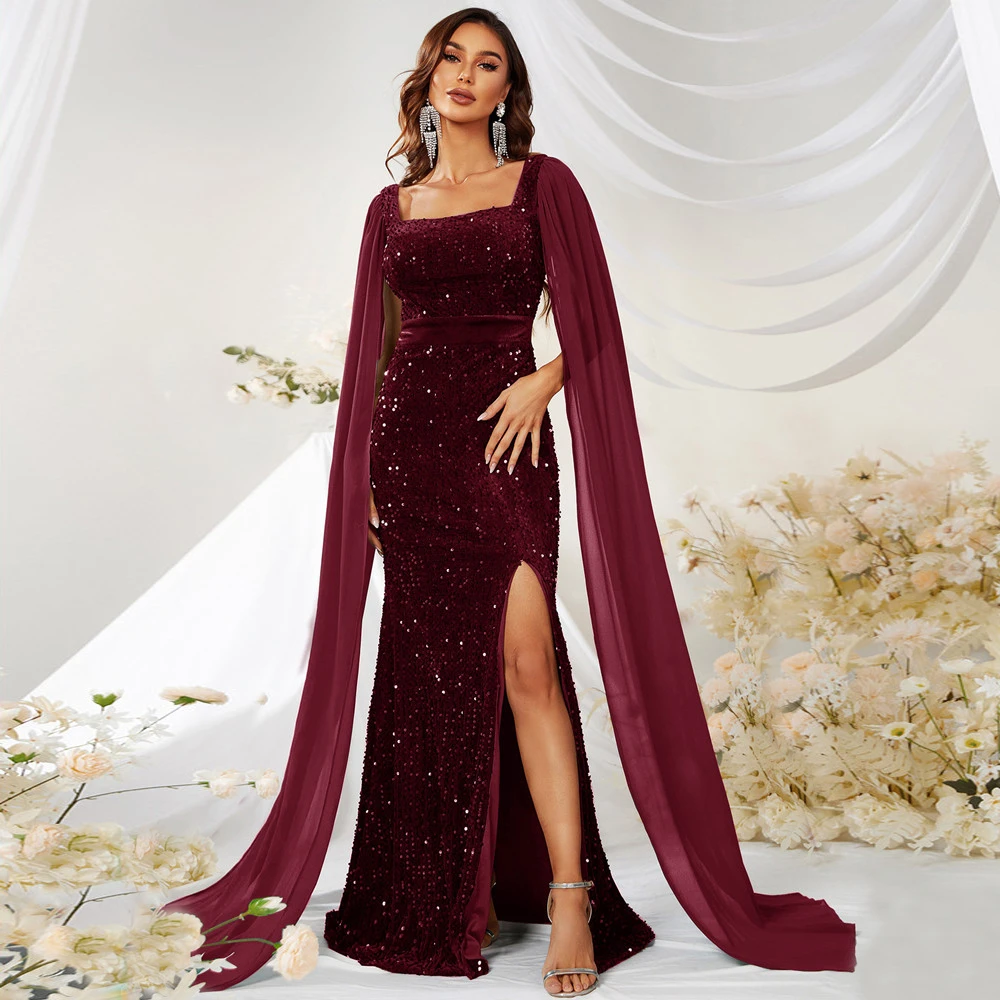 

2024 Burgundy Sequin Mermaid Evening Dress Long Cloak Sleeves Strapless Elastic Women Formal Gown For Prom Plus Size Party Dress