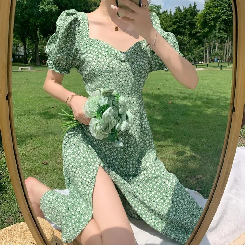 Women Summer Puff Sleeve Dress New Green Floral Split Skirt French Style Dresses Floral Cottagecore Green Daisy Dress Girls Chic