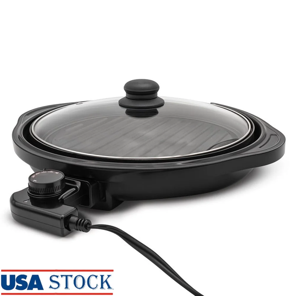 

Indoor Electric Grill 11 Inch Nonstick BBQ Grill Adjustable Thermostat Tempered Glass Lid Dishwasher Safe Parts Even Heat