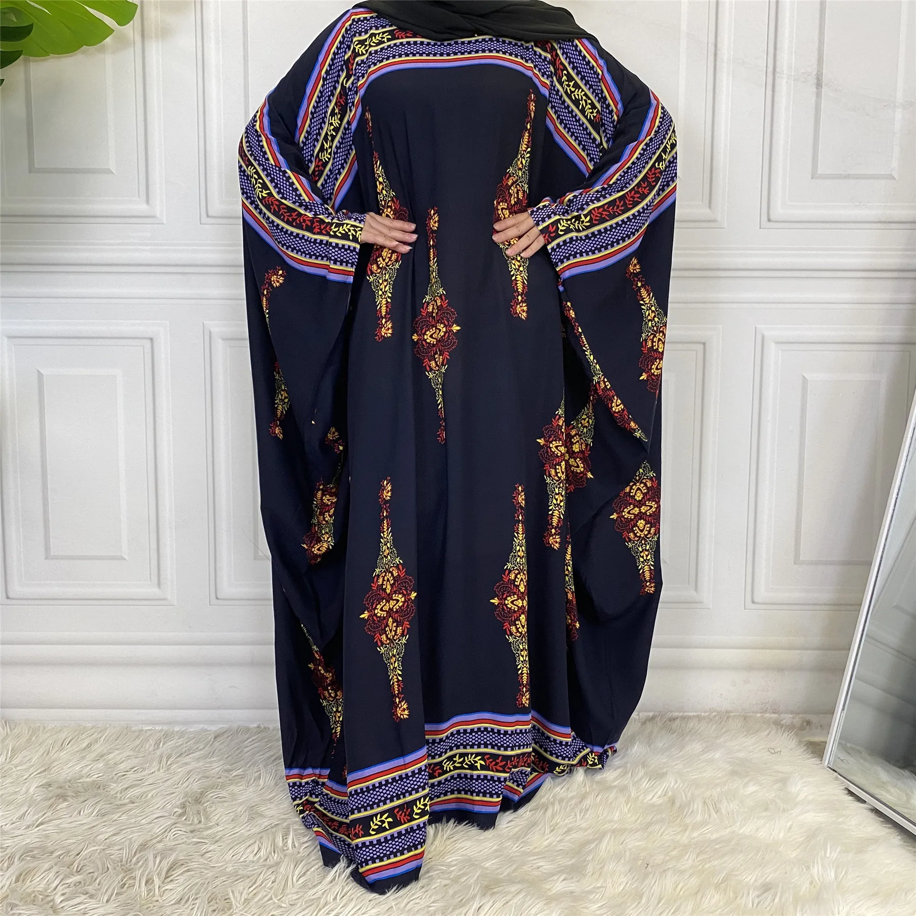 

Fashion Printed Dress for Women Loose Muslim Dress Women Arabia Dubai Abayas Bat Sleeve Big Size Long Dress Clothes for Muslim