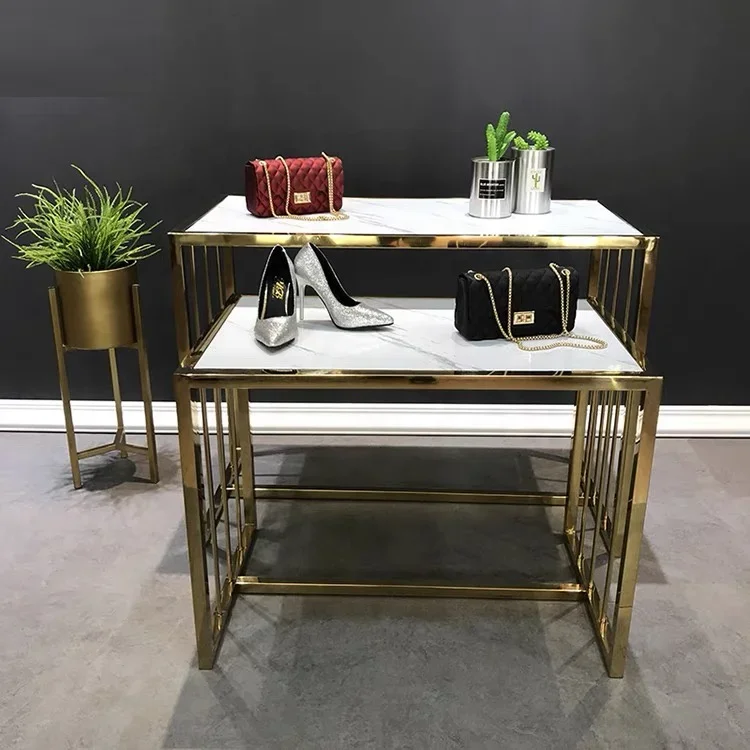 Boutique Store Design Unique Nested Table Set Clothing Shoes Bags Display Tables Golden Metal Nesting Display Table