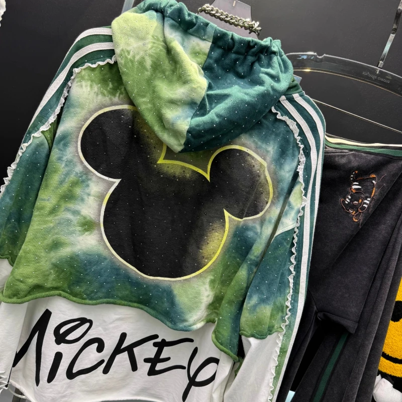 2025 Autumn New Sweet Sweatshirt Jacket Heavy Rhinestone Cartoon Distressed Fake Two-Piece Loose Hooded  Sudaderas For Women