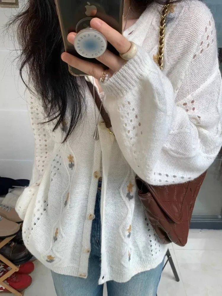 

Женский вязаный кардиган с вышивкой, осень 202, однобортный свободный свитер с круглым вырезом, пальто, милые шикарные тонкие топы
