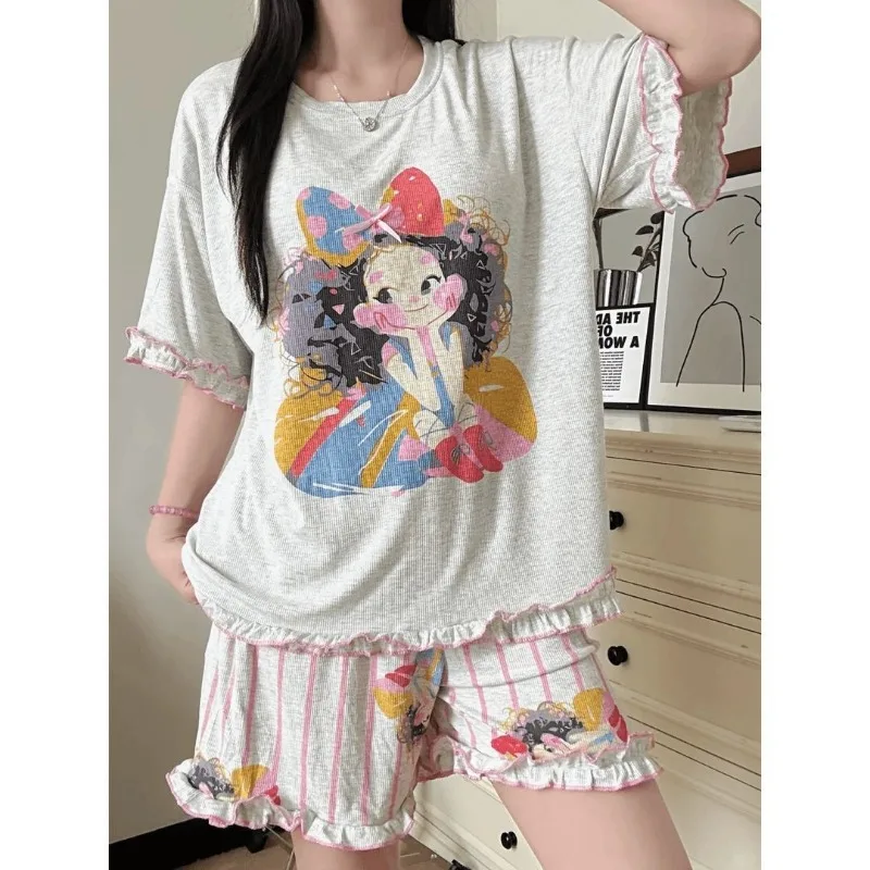New Teenage Girls Casual Pajama Set Short Sleeves Shorts Two-piece Set with Cartoon Character Made of Modal Home Wear for Women view 2