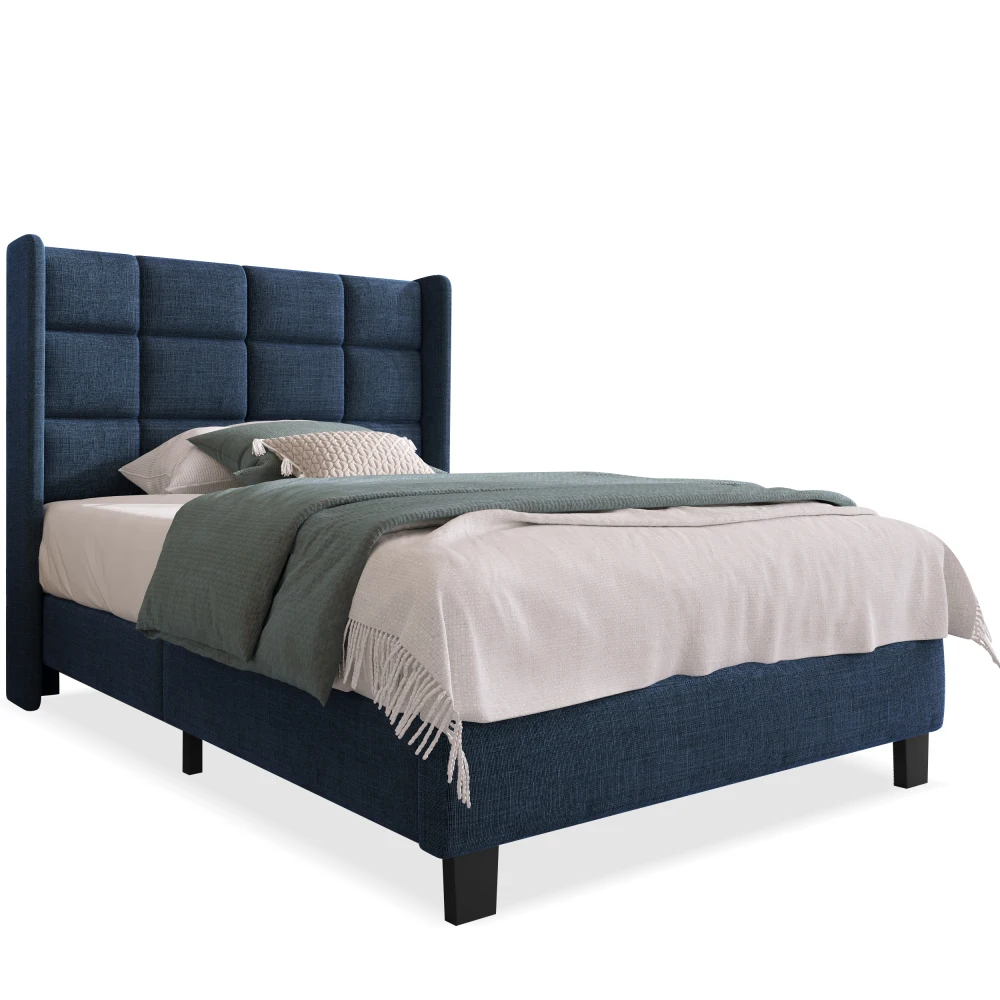 PINGGO Modernes Gepolstertes Einzelbett 90x200cm Blaues Leinen Gepolstertes Kopfteil Schiefergitter Mittlere Festigkeit Ohne Matratze – Detail 5
