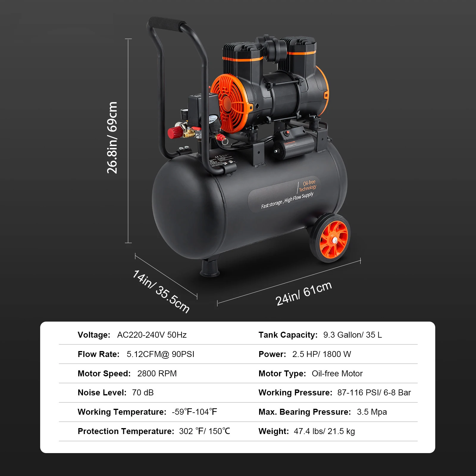 SucceBuy Luchtcompressorpomp 900W 1450W 1800W Stille olievrije draagbare compressor voor reparatie Bandenspanning Fluistercompressor