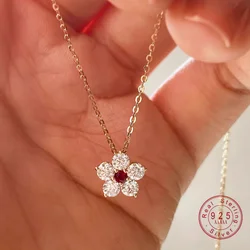 925 Sterling Silver Retro High Quality Flowers Pendant Necklace Red CZ For Women Birthday Gift Fine Jewelry