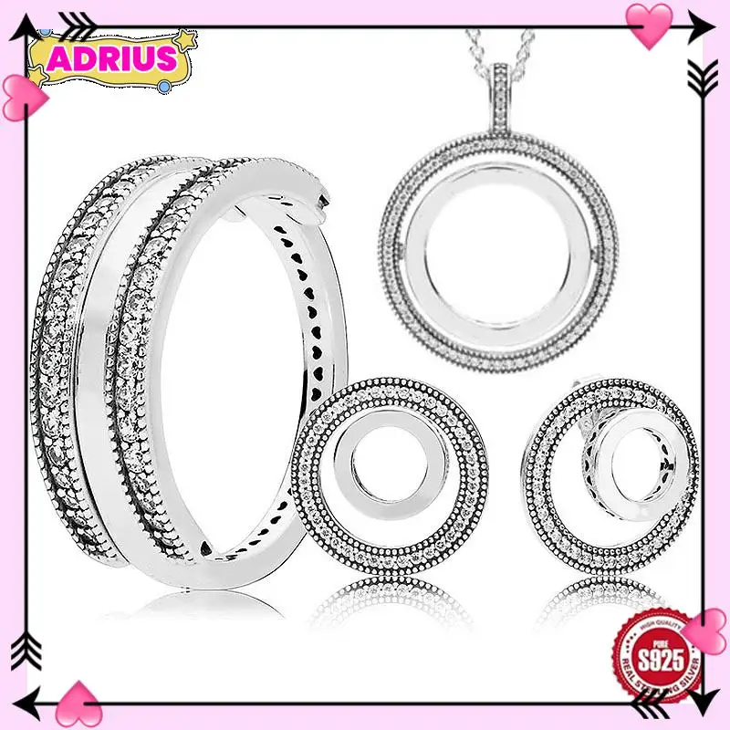 

New 925 Sterling Silver Signature Spinning Reversible Hearts Earring Ring Necklace With Crystal For Women Jewelry Set Gift