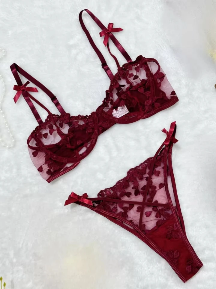 

Bikini lace embroidered heart thin bow sexy lingerie set
