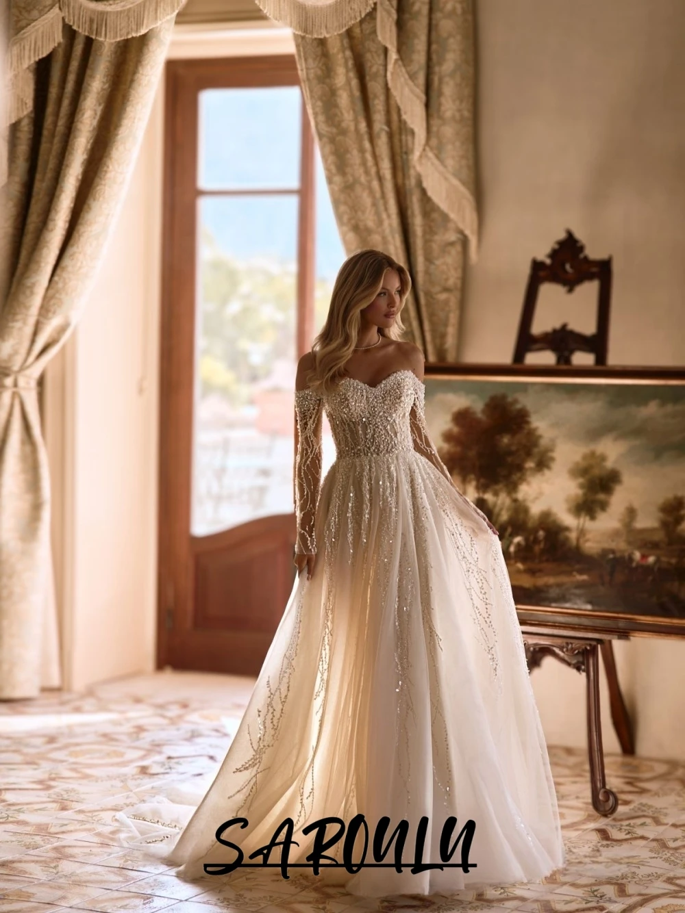 

Romantic Pearls Sequined Wedding Dress Classic Off Shoulder Customized Bridal Gown Beautiful Plus Size A Line Bride Wear