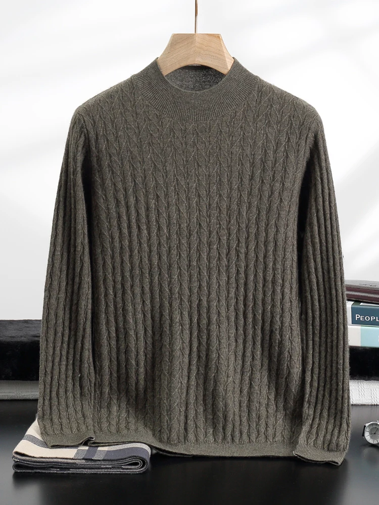 MEETCC Men 100% Cashmere Pullover Herringbone Pattern Thick Warm Sweater Autumn Winter Mock Neck Cashmere Knitwear Tops