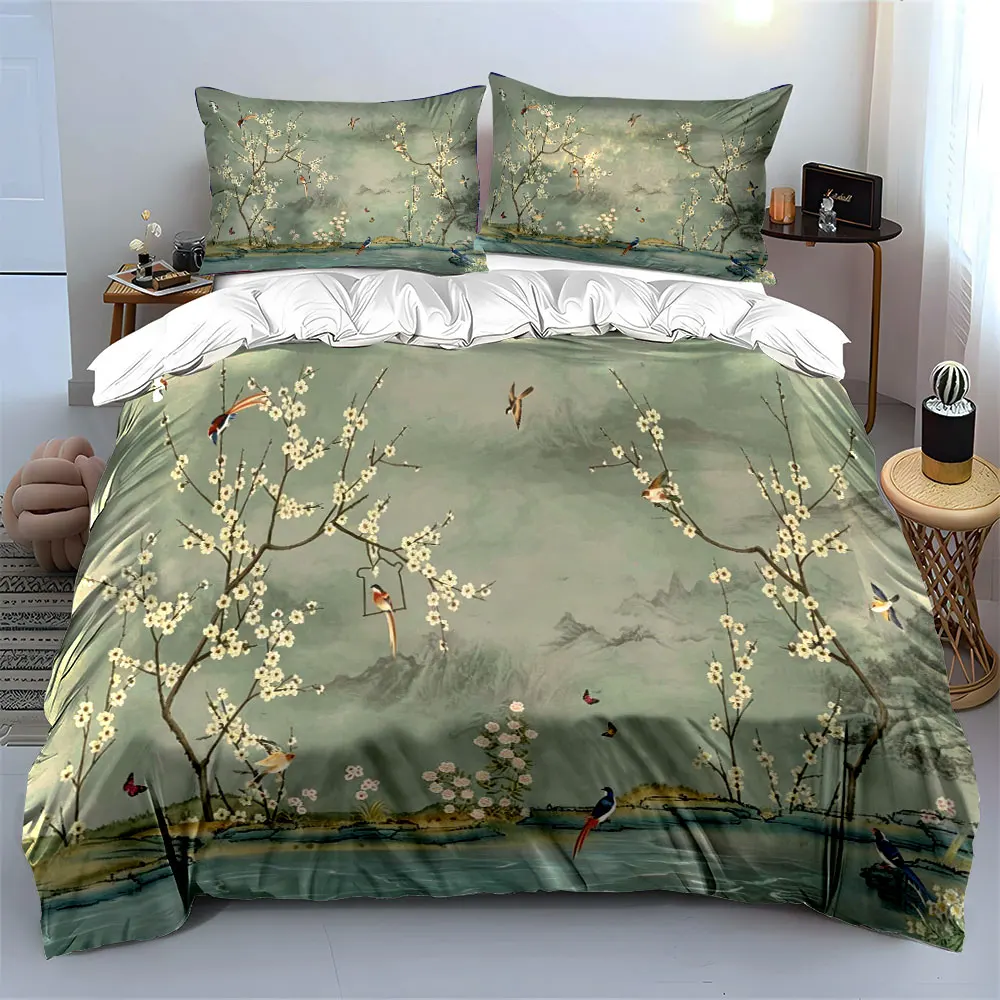 Flower And Bird Pattern Duvet Cover Set(1 Duvet Cover+2 Pillowcase) Ancient-style Chinese landscape painting Print set for home