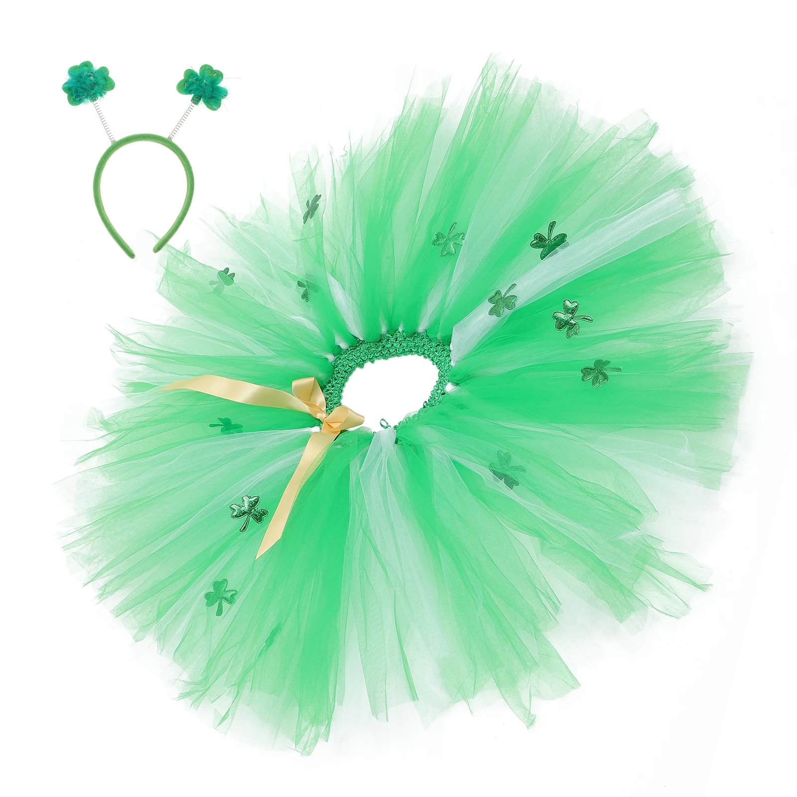 

1 set Lucky Mesh Skirt for Kids Green Shamrock Headband Patricks Day Accessories Costume Party Prom Carnival Safe