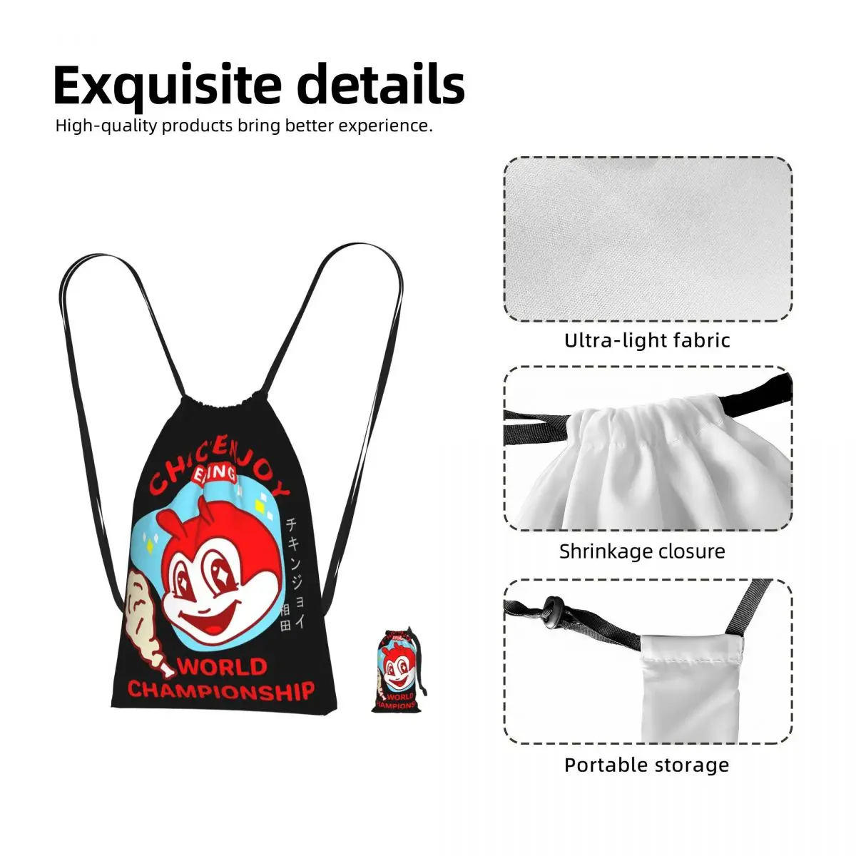 Jollibee Burger Restaurant Mascot Drawstring Backpack hiking cycling Bag Lightweight Foldable Storage Drawstring Bag Men Women
