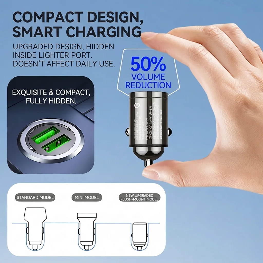 Flush Fit Mini Car Charger 100W Dual Port Fast Charging Auto USB C Adapter with Pull Ring For iPhone 17 16  For Samsung For iPad - view 5