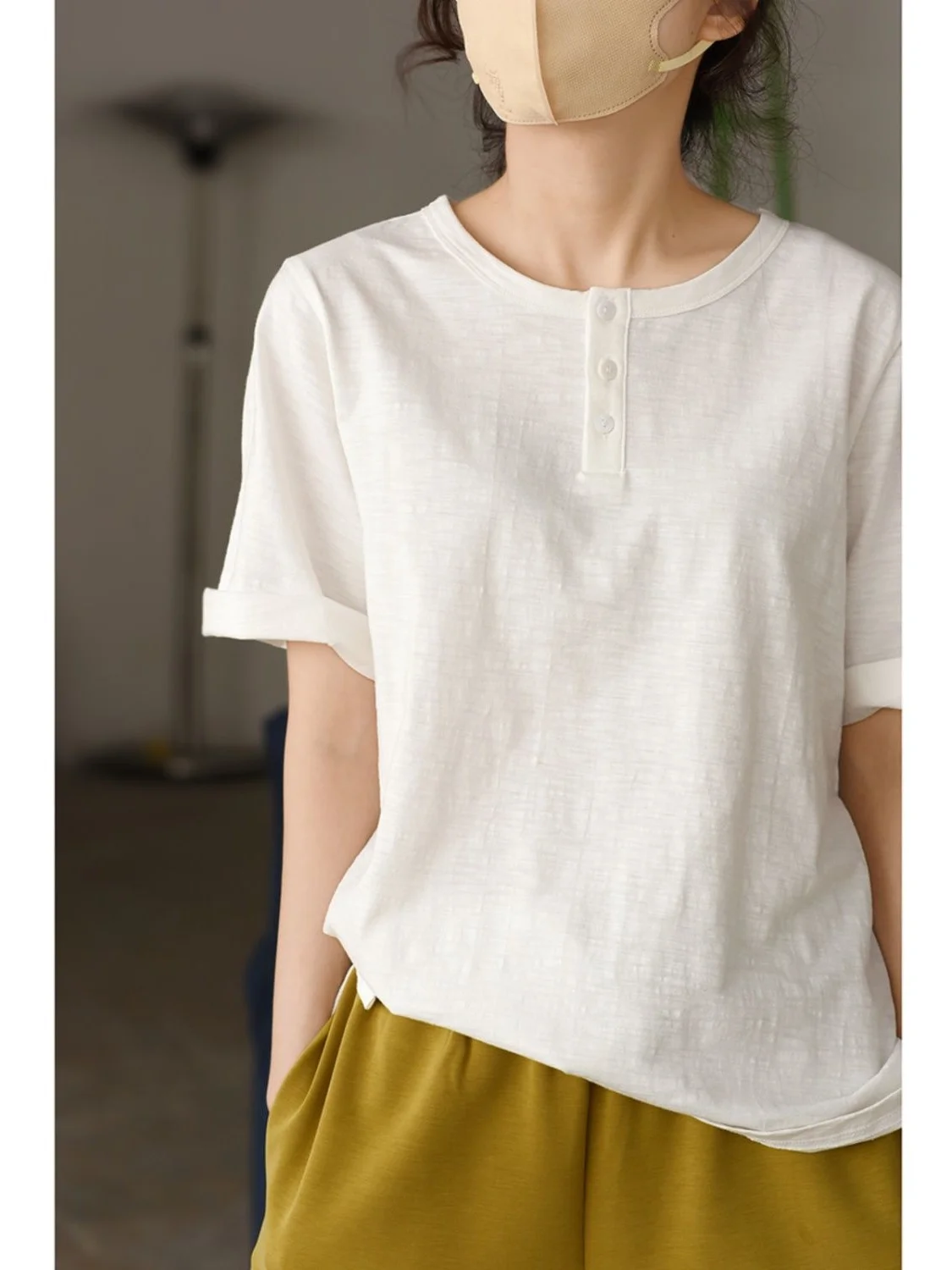 

plus Size 300 Pou Women's Casual Lazy Sle round Ne Button ort Sve T-irt Thin Versatile Summer Top Korean Loose Fit