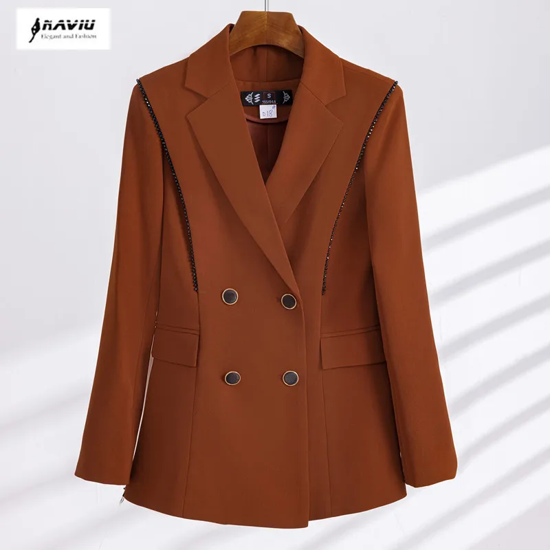 

NAVIU Long Sleeve Blazer For Women 2024 New Fashion Office Ladies Turn Down Collar Slim Jacket Chic Double Breasted Coats