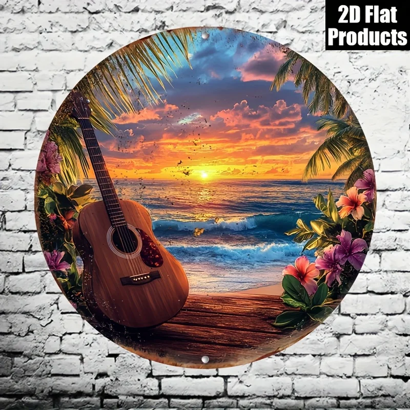 Tin Sign Tropical Beach Sunset Guitar Palm Flower，Vintage Metal Plaque Wall Decor Home Bar Cafe Musical Ocean Art Gift