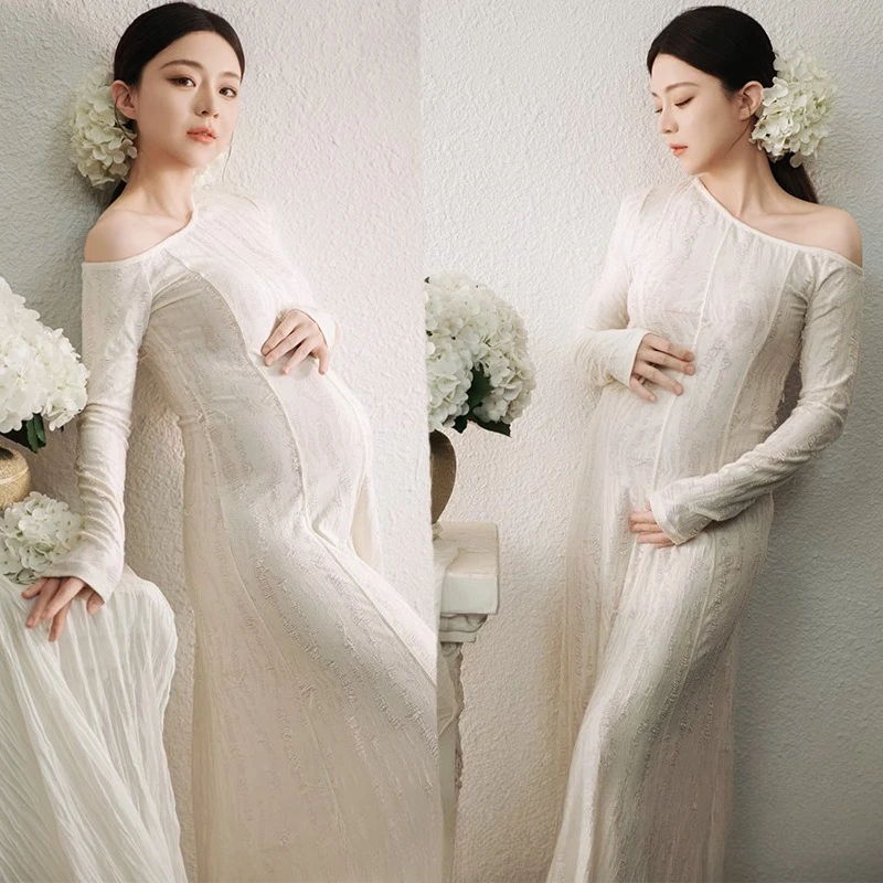 

Women Maternity Dress for Photography White Elegant One-shoulder Pregancy Dresses for Studio Photoshoot Clothing for Picture