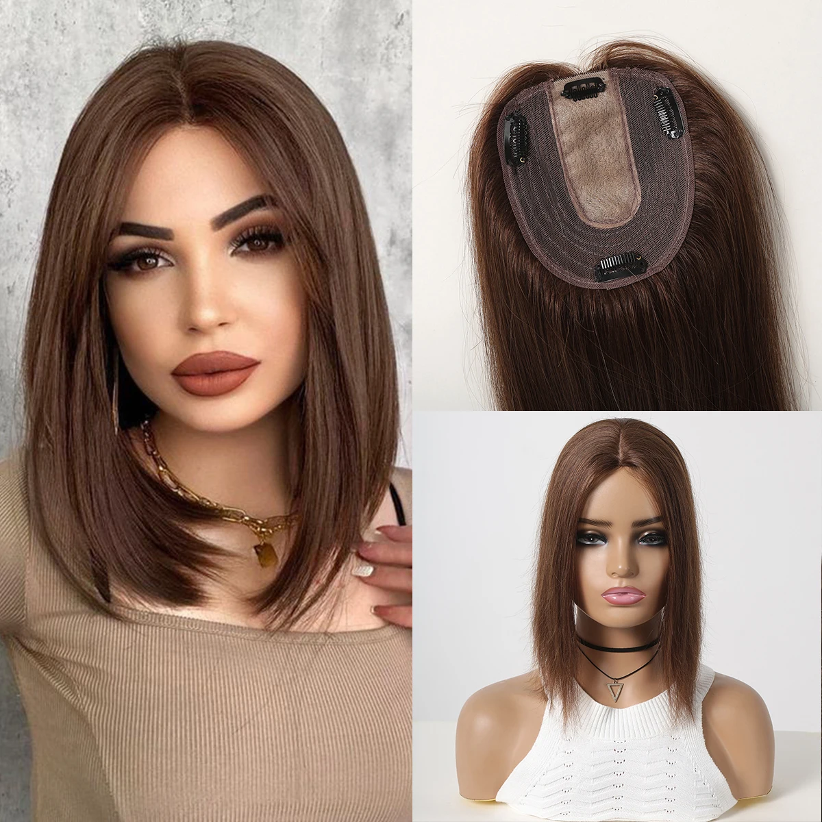 Women Human Hair Toppers for Thinning Hair Clip Toupee Hair Silk Base Pieces Brown Real Human Hair Middle Part in Toppers 12inch