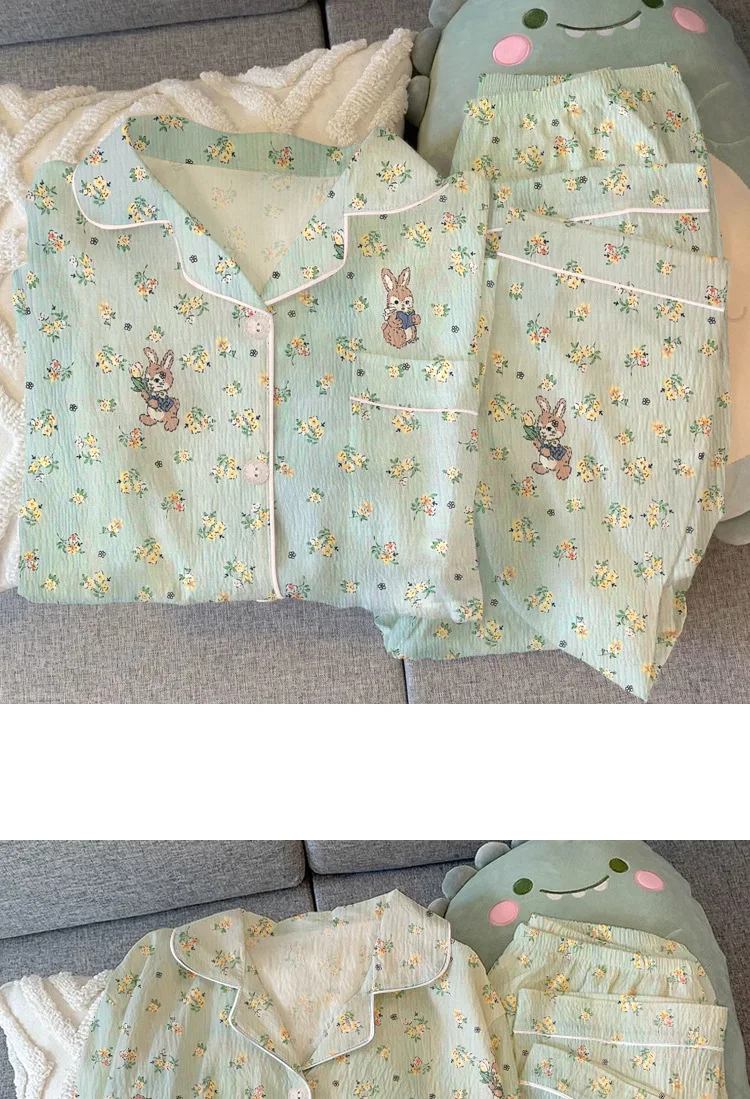 Frühling und Herbst Neue Damen Frische Floral Bunny Langarm Pyjamas Mädchen Studenten Faltig Tuch Nische Freizeit Pyjamas Homewea – Detail 7